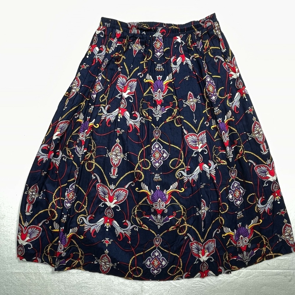 Vintage 90s Skirt Women Size 9 10 Midi Rayon Navy Blue‎ Nautical Retro